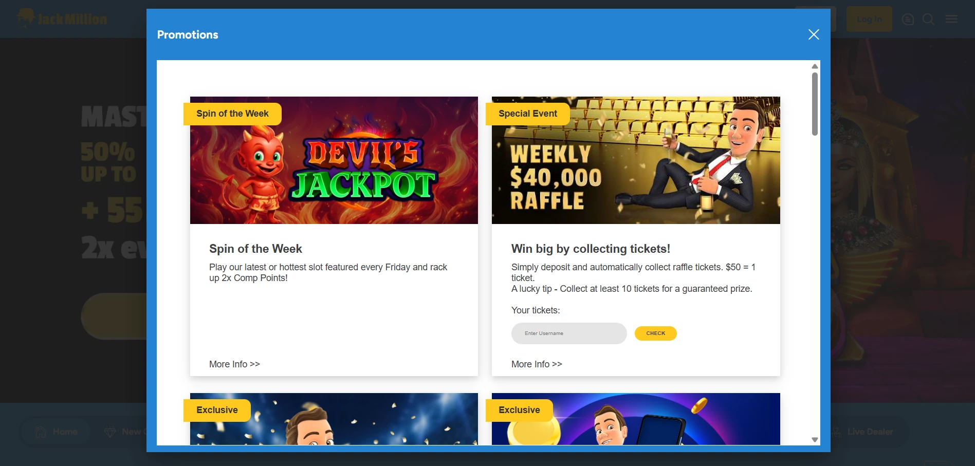 JackMillion bonus page with the welcome offer