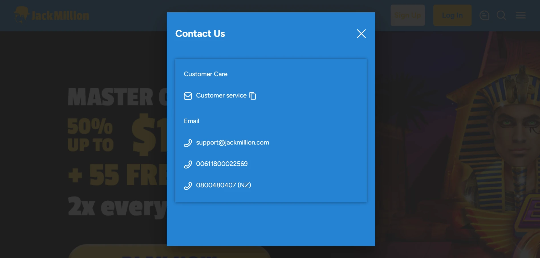 JackMillion contact and live chat options