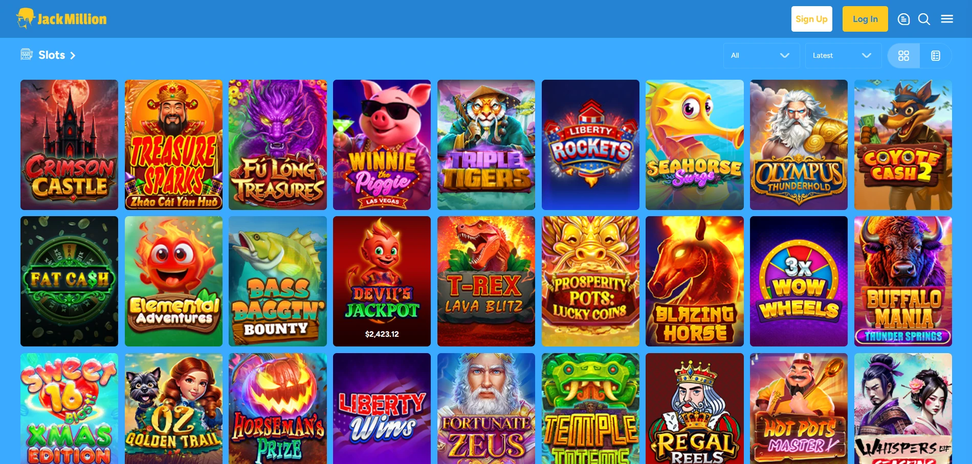 JackMillion Casino games lobby with pokies and live tables