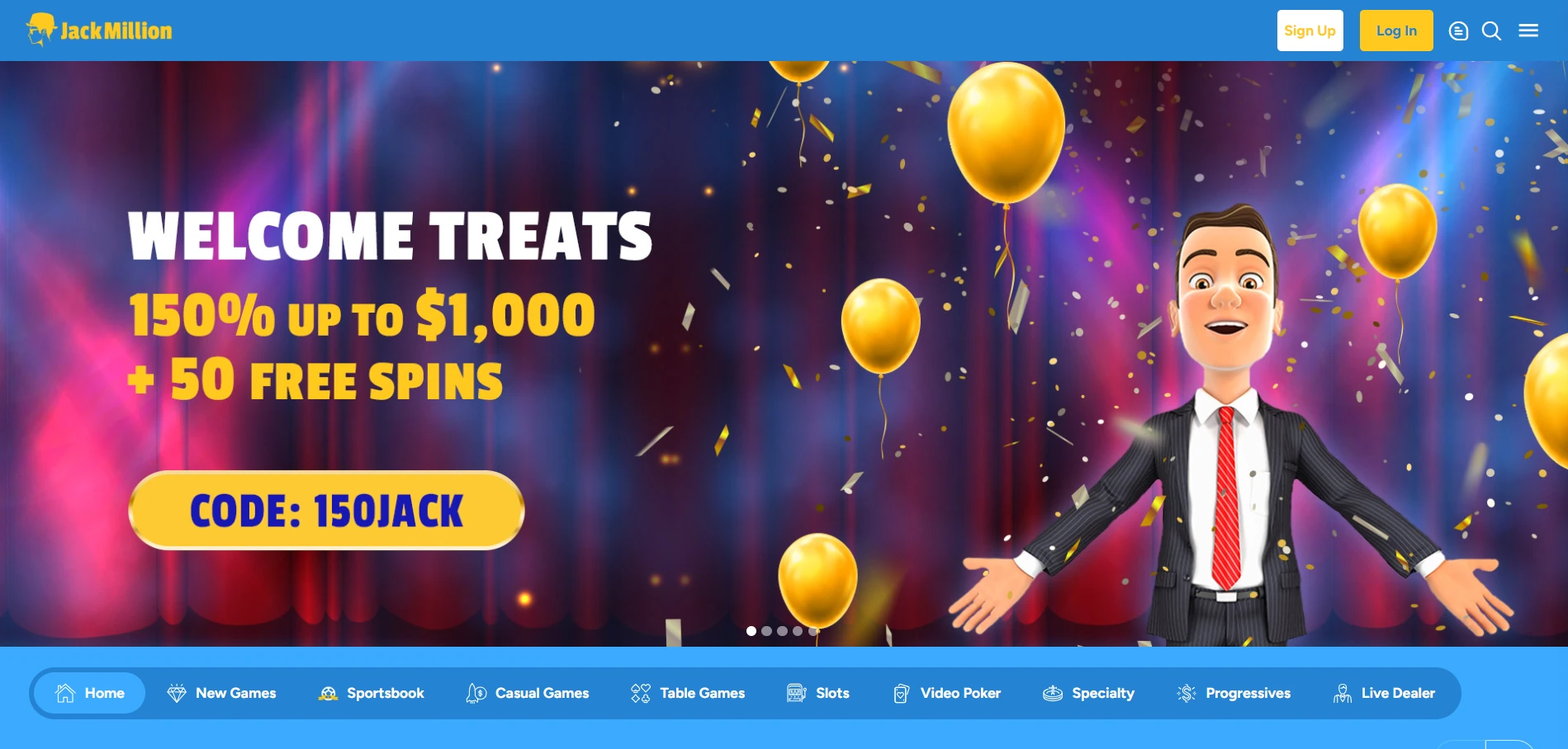 JackMillion Casino home page on a desktop screen